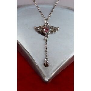 Silver Wing Necklace with Pink Gemstone